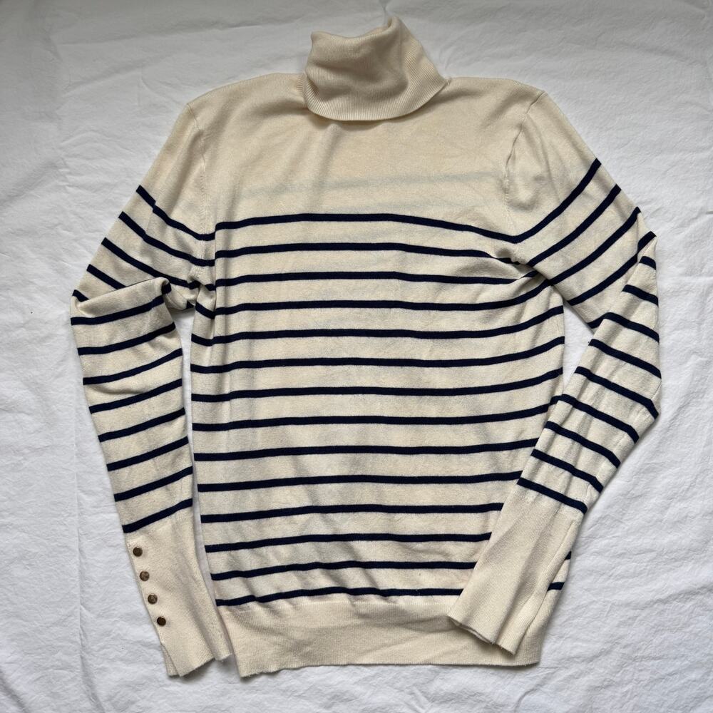 Zara Striped Turtleneck Pullover Sweater Cream Navy Size M EUC